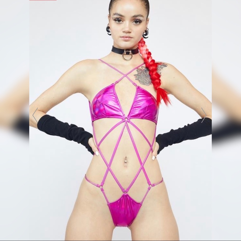 CANDY CORRUPT MIND STRAPPY BODYSUIT. Wet look Pink Gothic Rave Swimsuit Lingerie